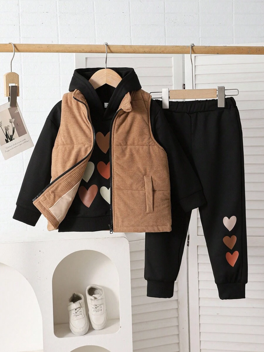3 件套女童休闲学院风棉服夹克、连帽衫和裤子套装 - 黑色 - 查看 1