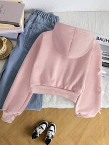 SHEIN 少女宽松休闲简约舒适日常街头风连帽宽松修身口袋拉链短款长袖卫衣外套，白色返校季舒适秋冬款式，适合秋冬季日常穿着、街头风、居家圣诞节粉色卫衣新年 - 粉色 - 查看 2