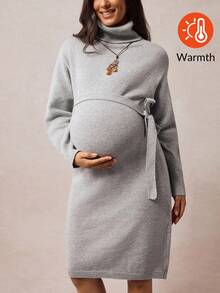 SHEIN Gaun Sweater Hamil Lengan Panjang Elegan Kerah Tinggi Warna Polos dengan Detail Lipatan di Bagian Depan, Gaya Vintage - Grey - View 1