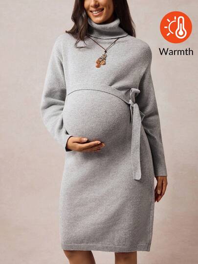 SHEIN Váy len dài tay cổ lọ màu trơn thanh lịch cho bà bầu