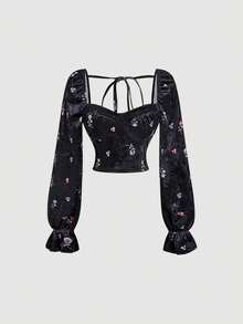 SHEIN MOD Blusa de moda de manga larga con cuello de corazón y estampado floral para mujer