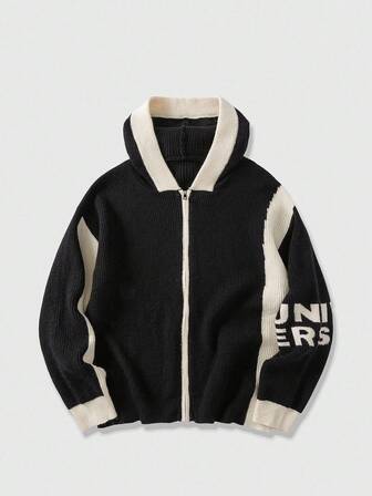 Street Life Cardigan à capuche zippé pour hommes avec motif de lettres et couleurs contrastées, automne/hiver