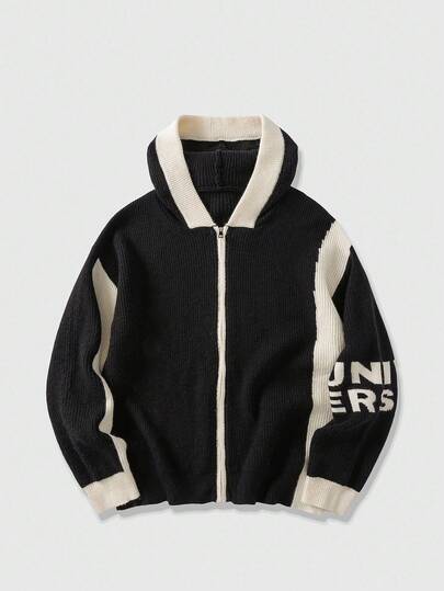 Street Life Men's Letter Pattern Contrast Color Zip-Up Hooded Cardigan, Autumn/Winter