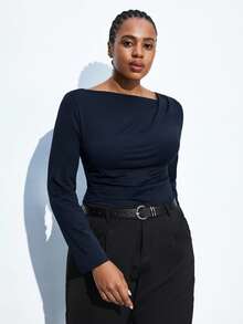 Maija 大码女式蓝色长袖基本款 T 恤，适合秋冬季、圣诞派对、感恩节、休闲都市商务装、优雅上衣 - 藏蓝色 - 查看 5