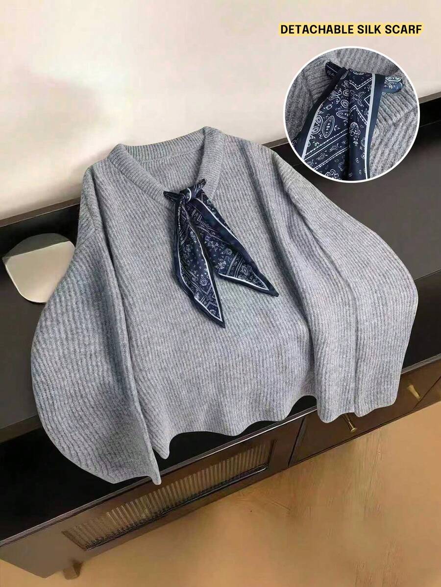 SHEIN Franclia 女士休闲时尚简约百搭宽松 V 领围巾领带针织毛衣，秋冬 - 灰色 - 查看 1