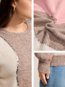 Momelise 新款女式秋冬单件重工串珠拼色高端优雅百搭大码针织套头衫 - 彩色 - 查看 8