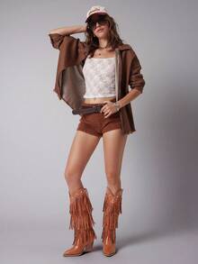 Solezae Ladies Studded Fringe Western Heeled Knee-High Boots - Brown - View 2