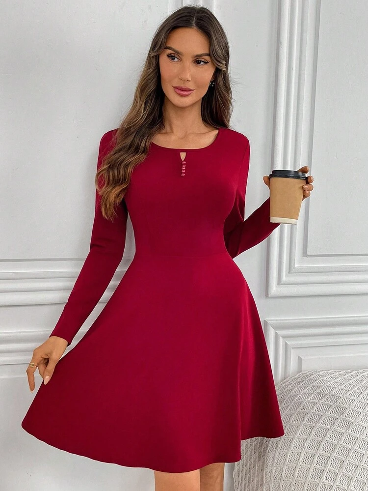Women's Elegant Solid Color Waist Cinched Short Dress, Suitable For Commuting  Elegant Party Dresses  Red Dress For Women Christmas Dress   Christmas Clothes For Women  Christmas Party Dress Winter Dress Women  Fall Outfits For Women Fall Dresses For Women   Elegant Party Dresses New Year Dress