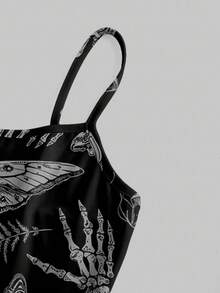 ROMWE Goth Vestido mini con estampado total de alas de esqueleto, murciélago y plantas de estilo gótico oscuro de Halloween para mujeres - Negro - Ver 3