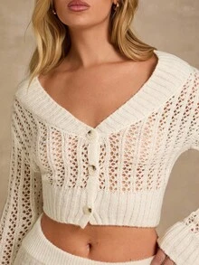 SHEIN Glamour 女士纯色镂空落肩长袖短款针织开衫 - 米色 - 查看 5