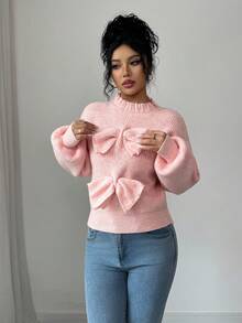 Elenzga Fashionable & Versatile Ruffled Collar 3D Bow Lantern Sleeve Knitted Pink Long Sleeve Sweater, Autumn/Winter - Pink - View 4