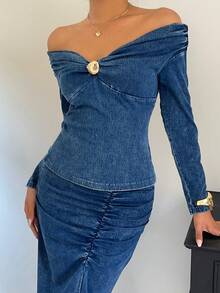 Siren Gaze 女式露肩长袖金属装饰牛仔上衣，时尚修身 - 深色水洗藍 - 查看 6