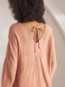 Ocili Bộ đồ ngủ 100% cotton màu trơn cổ chữ V tay dài và quần dài màu nâu hở lưng, trang phục thoải mái khi đi chơi, quần áo thu đông cho nữ - Gỗ đỏ - Xem 3