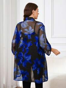 Reflora 大码女式花卉印花荷叶边袖口单排扣宽松衬衫 - 寶藍色 - 查看 6