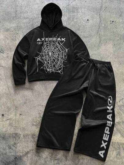 AXEPEAK Men's Letter & Spider Web Print Hoodie Sweatshirt And Sweatpants Set, Fall Winter Clothes,Stretchy