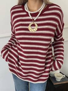 Livesso Áo len dài tay cổ tròn in họa tiết sọc thường ngày cho nữ, mùa thu - Màu Đỏ Sâu - Xem 4