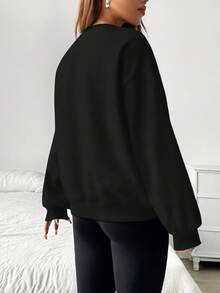 SHEIN EZwear Knitted Black Round Neck Basic Sweatshirt,Long Sleeve Tops In Fall/Winter - Black - View 2