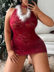 Fantasy Costume Set da 3 pezzi Costume natalizio sexy con vestito in pizzo e pelliccia a tema gatto, lingerie taglie forti