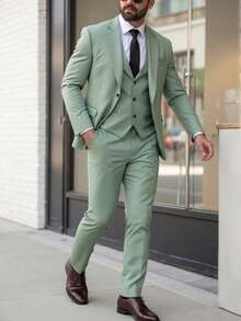 Manfinity Homme 大码男士纯色翻领长袖西装外套和裤子商务旅行套装