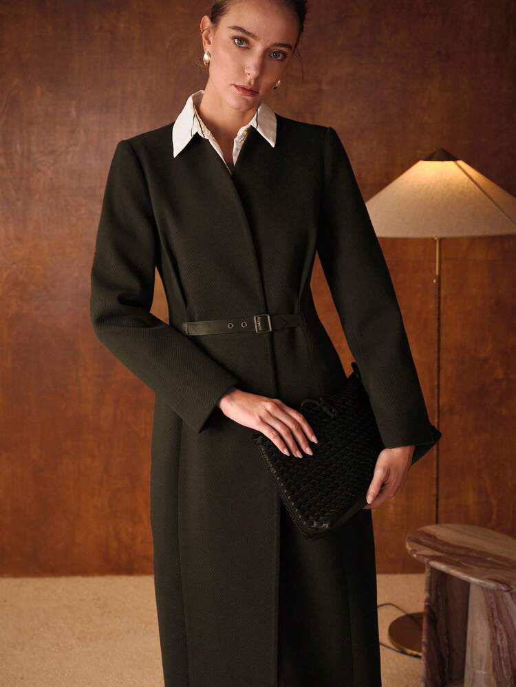 SIMPLE ELEGANT CONTRAST COLLAR BELTED OVERCOAT