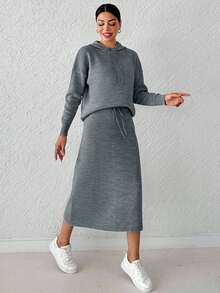 RueChic Drop Shoulder Drawstring Hooded Sweater & Knit Skirt - Light Grey - View 5