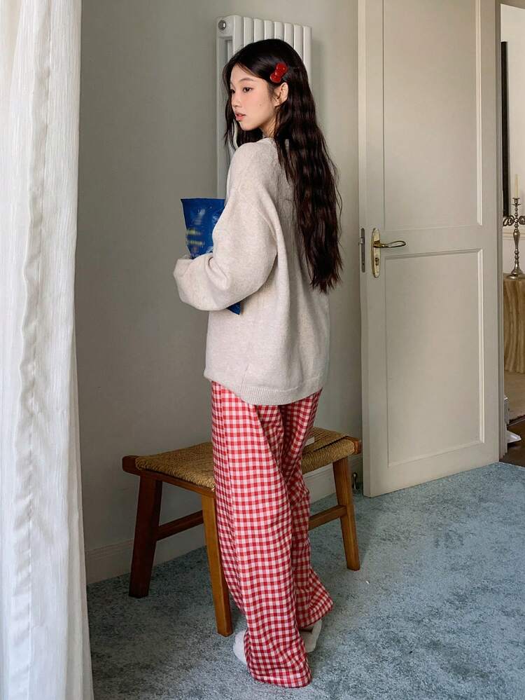 Women's Cherry Pattern Knitted Top And Plaid Pajama Pants Sleepwear Set, Winter Fall Clothes