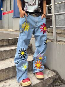ROMWE MEN Grunge Punk Jeans con pierna acampanada y bordado para hombres - Celeste - Ver 1