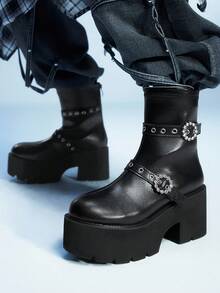 Sugerpunk 女士时尚厚底靴 - 休闲黑色圆扣双带粗跟踝靴 - 舒适一脚蹬 - 黑色 - 查看 1