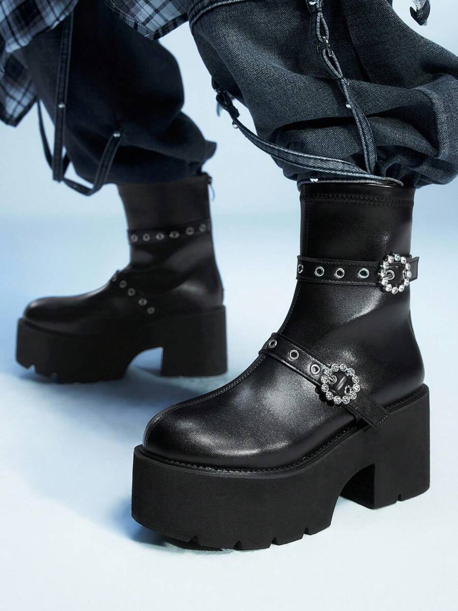 Sugerpunk 女士时尚厚底靴 - 休闲黑色圆扣双带粗跟踝靴 - 舒适一脚蹬 - 黑色 - 查看 1