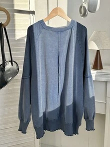 SHEIN EZwear 大码女式休闲蓝色套头长袖运动衫秋冬女装 - 藍色 - 查看 2