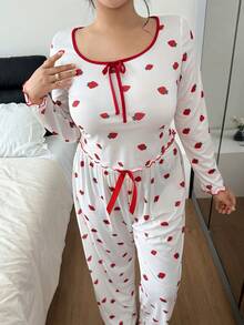 Napfluff CURVE Napfluff CURVE Plus Size Ribbed Strawberry Print Long Sleeve Top & Pants Pajama Set, Cozy Outfit, Fall Winter Clothes - Red - View 3