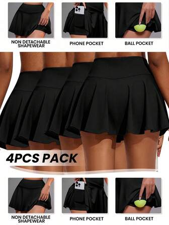 SHEIN Sports 4 条装黑色高腰迷你女式短裙，带不可拆卸塑身短裤 + 手机袋 + 网球袋，透气速干裙，适合网球/高尔夫/健身