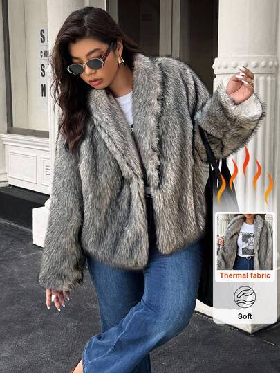 Easura Plus Size Women Shawl Collar Long Sleeve Loose Fuzzy Jacket, Autumn/Winter