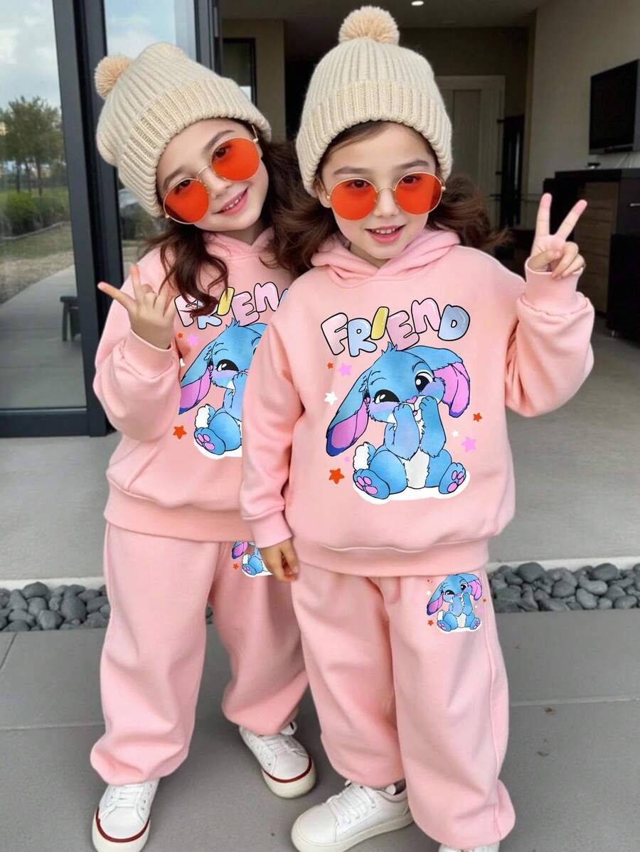 年轻女孩休闲时尚秋冬连帽衫和裤子套装,带有可爱的英文标语,卡通蓝色兔子,彩色星星图案,适合秋冬春季,返校,聚会,户外野餐,街头摄影,校园,节日,礼物 - 粉色 - 查看 1