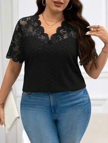 Reflora Camiseta de manga corta de tallas grandes, de color liso con parches de encaje - Negro - Ver 3