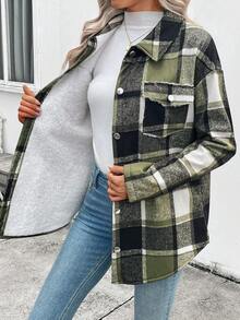EMERY ROSE Women's Plaid Single-Breasted Casual Fleece Jacket, Autumn/Winter - Army Green - View 7