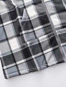 INAWLY 大码连帽拉链格纹印花保暖内衬开衫外套，秋冬 - 黑與白 - 查看 4