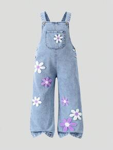 SHEIN ChillGRL Charming Young Girls Long Light Wash Denim Overalls Adorned With Cartoon Flowers Sleeveless Design And Pockets For A Cute Style 90s Kids Outfit Purple Girl Outfit Purple Kids Outfits Lavender Outfit For Toddler Girls