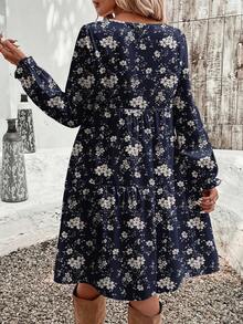 EMERY ROSE Casual Minimalist Ditsy Floral Pattern Loose Fit Round Neck Plus Size Dress, Suitable For Autumn/Winter - Navy Blue - View 2