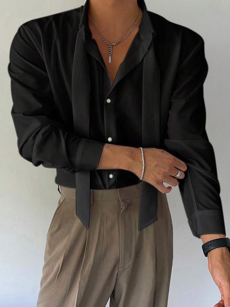 1pc Men's Casual Solid Color Simple Front Button Long Sleeve Shirt, Autumn,Back To School, Fall Business Attire