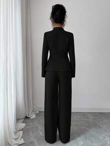 Elenzga Women's Suit Set, Suit Fabric, Lapel Collar, Long Sleeve, Waist Cinched A-Line Asymmetric Hem, Metal Button Decor, Sophisticated & Elegant For Office, Commute, Street Style, French Romantic, Casual, Middle Eastern Vintage, Afternoon Tea, Party, Thanksgiving, Back To School, Spring/Autumn/Winter - Black - View 2