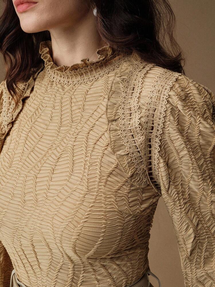 Damen Herbst Rüschen Kragen Blumen Patchwork Französischer Vintage Stil Elegante Khaki Langarm Bluse