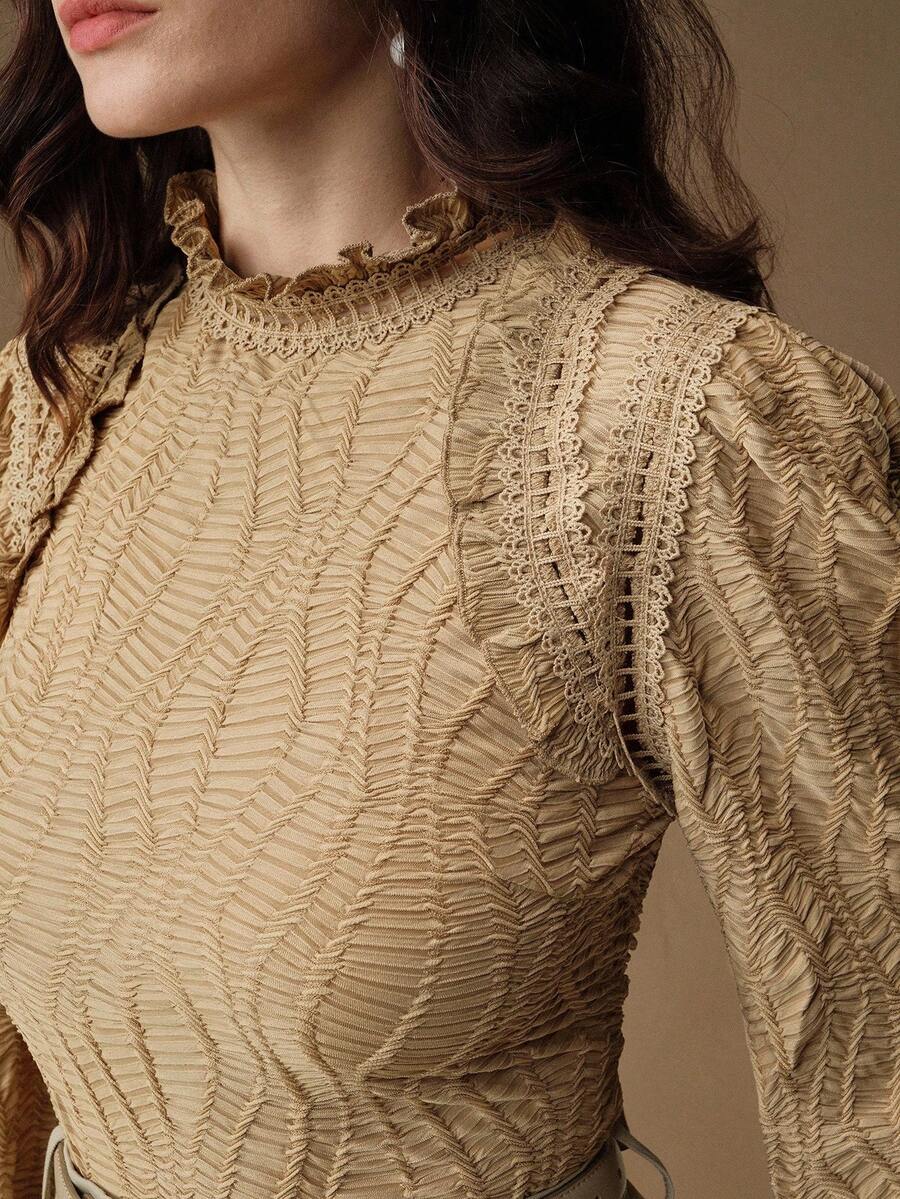 Anewsta 女式秋季荷叶边领花卉拼布法式复古风格优雅卡其色长袖衬衫 - 卡其色 - 查看 1