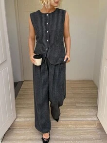 Vivie Lora 2pcs Women Striped Sleeveless Top And Wide Leg Pants Set Lounge Sets For Women - Blue - View 2