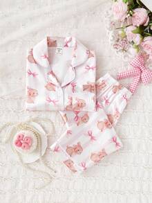 女童兔子蝴蝶结印花长袖上衣和裤子睡衣套装 - 彩色 - 查看 4
