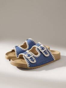 Solecia New Women Blue Embroidered Flat Casual Slip-On Sandals - Navy Blue - View 2