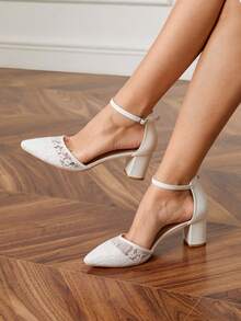 CUCCOO HITCHD Women's Lace Pointed Toe Block Heel Wedding Party Shoes, White For Spring Shoes Spring Break Easter Prom Heels For Christmas Valentine's Day - White - View 4