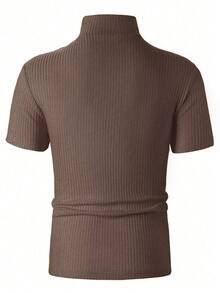 Manfinity Homme 男式纯色立领短袖修身罗纹休闲T恤 - 咖啡棕 - 查看 2