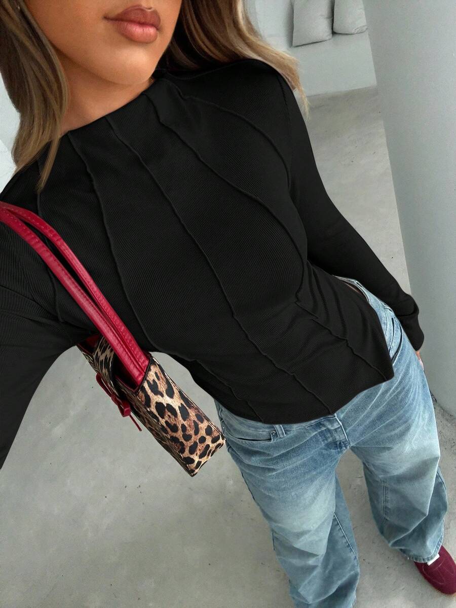 Siren Gaze Women's Exposed Seam Asymmetrical Hem T-Shirt Winter Black Casual Spring - Black - View 1