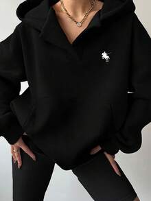 SHEIN EZwear Plus Size Women Black Casual Minimalist Floral Print Plus Size Long Sleeve Loose Open Front Hoodie Sweatshirt With Pockets, Autumn